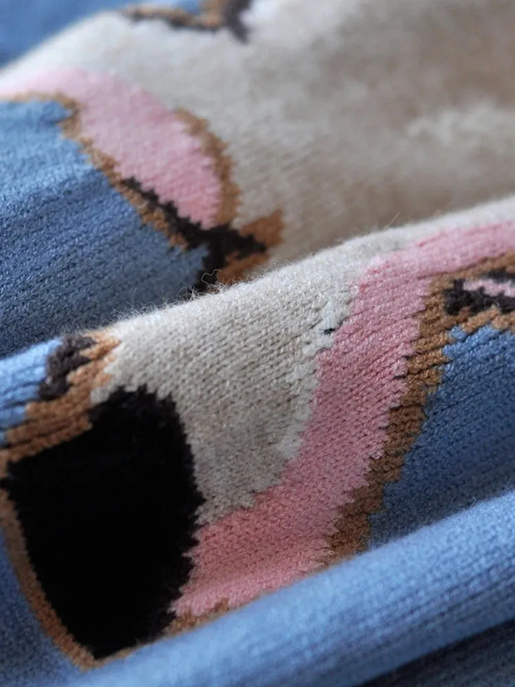 Runway Jacquard Knitted Pullover Blue Cute Pig Pattern Sweet  Fashion Jumper C-075