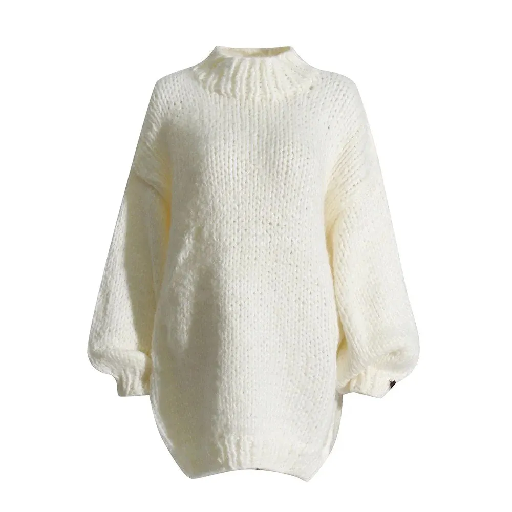 Solid Casual Loose Knitting Sweaters For Women Round Neck Lantern Sleeve Minimalist Sweater Female Fashion Clothing
