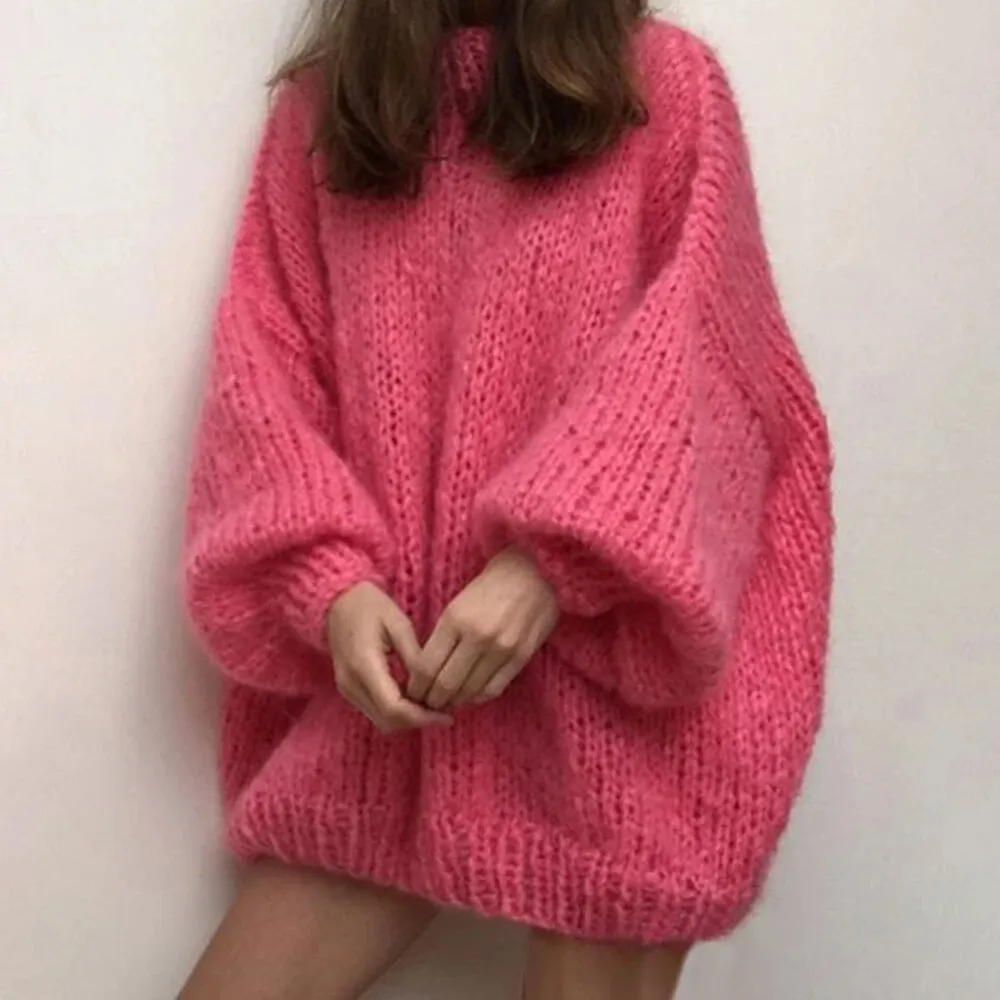 Solid Casual Loose Knitting Sweaters For Women Round Neck Lantern Sleeve Minimalist Sweater Female Fashion Clothing