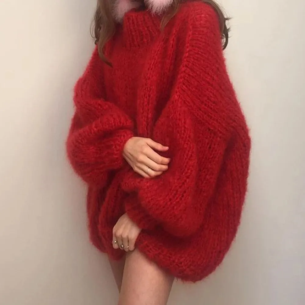 Solid Casual Loose Knitting Sweaters For Women Round Neck Lantern Sleeve Minimalist Sweater Female Fashion Clothing