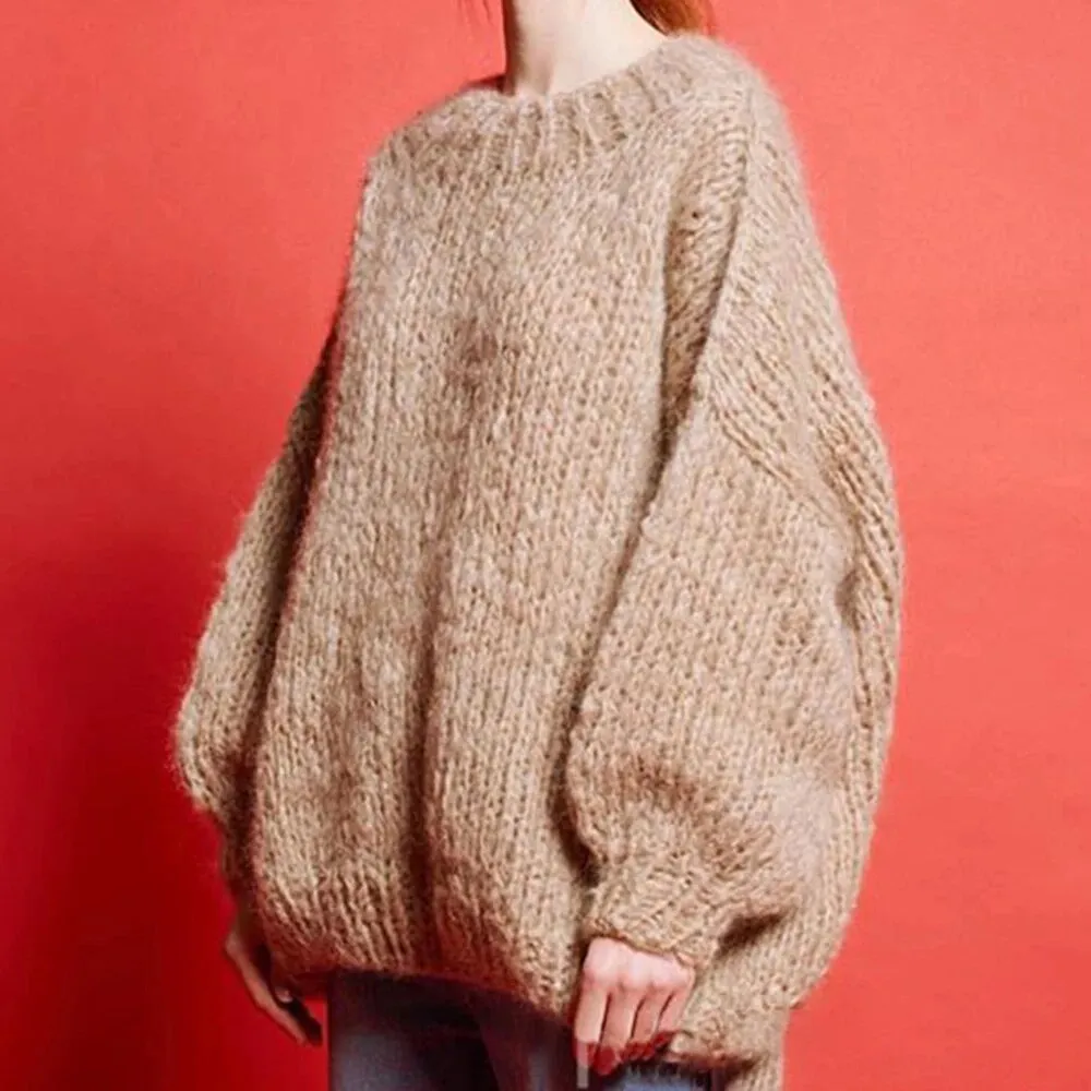 Solid Casual Loose Knitting Sweaters For Women Round Neck Lantern Sleeve Minimalist Sweater Female Fashion Clothing