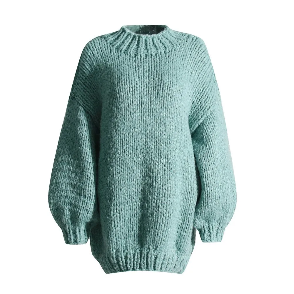 Solid Casual Loose Knitting Sweaters For Women Round Neck Lantern Sleeve Minimalist Sweater Female Fashion Clothing
