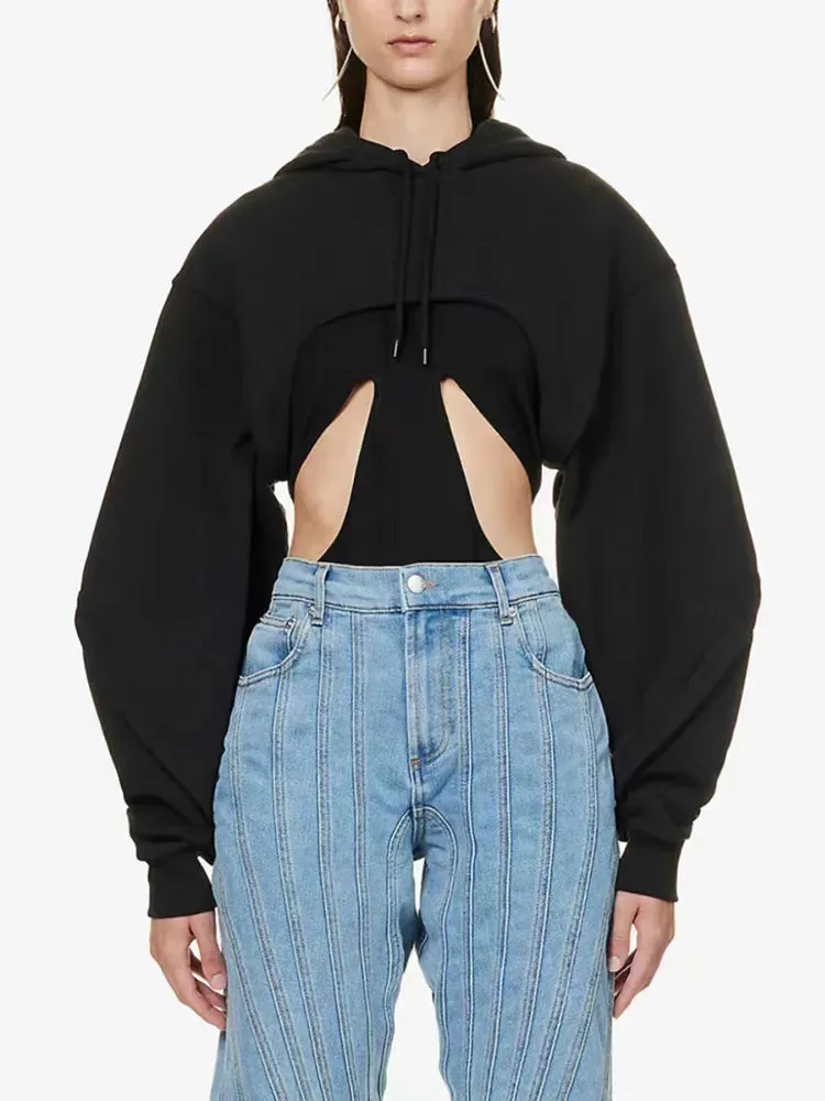 Solid Casual Open Sleeves Designer Sweatshirts For Women Hooded Long Sleeve Streetwear Sweatshirt Female Fashion