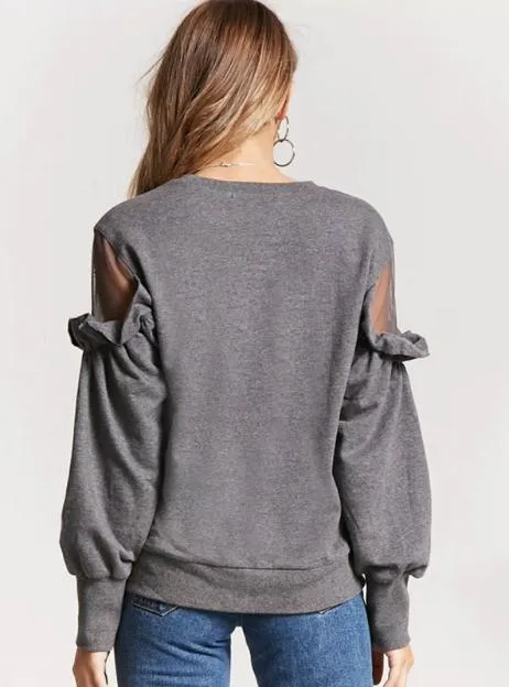 SOLID DARK GREY WOMEN CASUAL SWEATSHIRT MESH