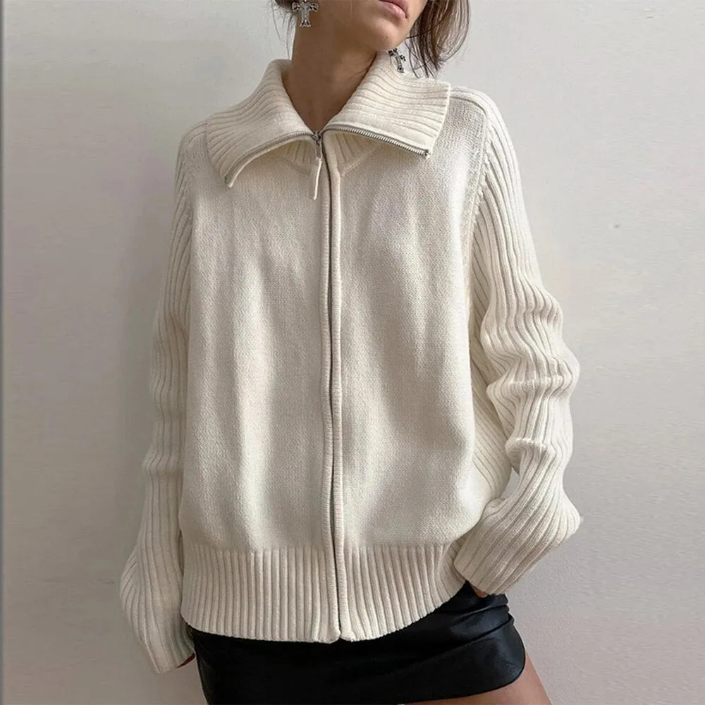 Solid Knitting Sweaters For Women Lapel Long Sleeves Loose Spliced Zipper Sweater Female Fashion Clothing
