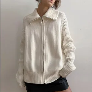 Solid Knitting Sweaters For Women Lapel Long Sleeves Loose Spliced Zipper Sweater Female Fashion Clothing