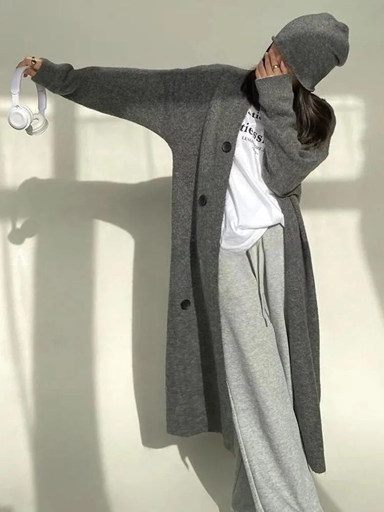 Solid Minimalist Sweaters For Women V Neck Long Sleeve Patchwork Button Casual Loose Knitting Sweater Female