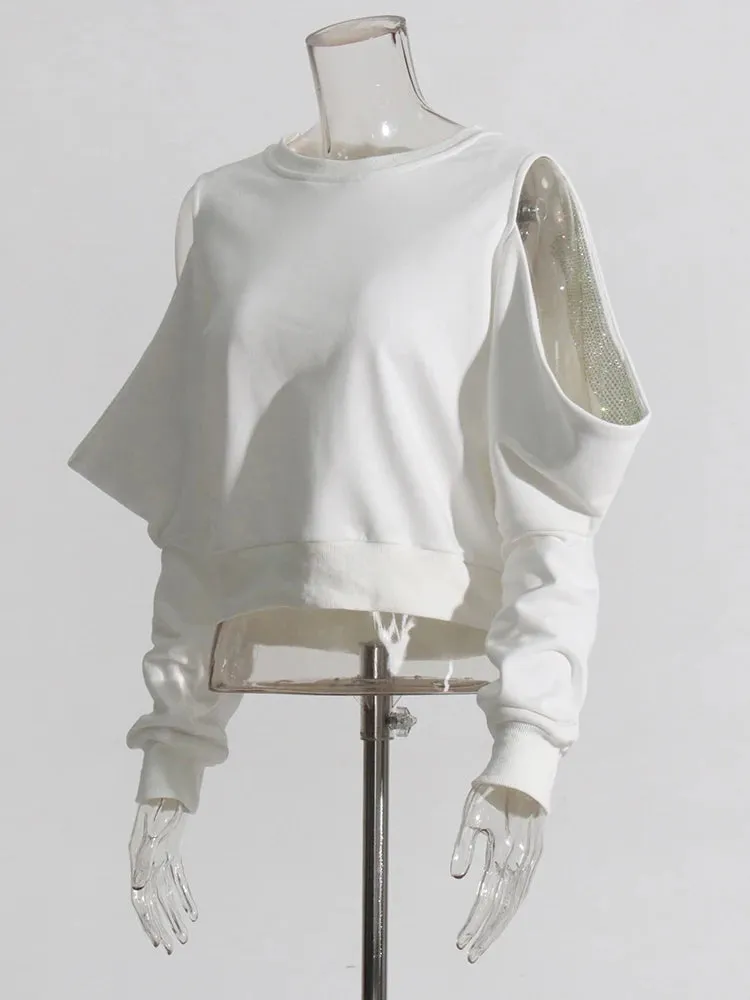 Solid Patchwork Diamonds Slimming Sweatshirts For Women Round Neck Long Sleeve Pullover Casual Sweatshirt Female