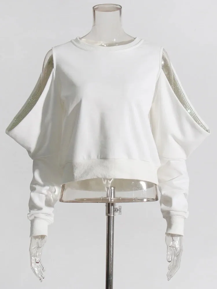 Solid Patchwork Diamonds Slimming Sweatshirts For Women Round Neck Long Sleeve Pullover Casual Sweatshirt Female