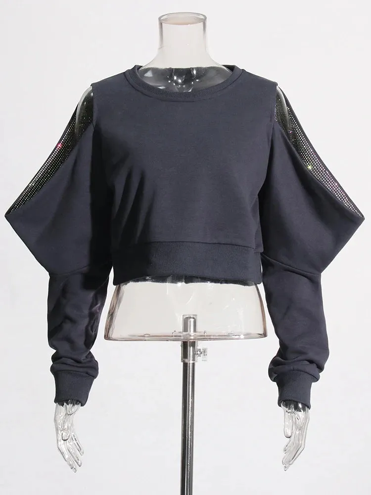 Solid Patchwork Diamonds Slimming Sweatshirts For Women Round Neck Long Sleeve Pullover Casual Sweatshirt Female