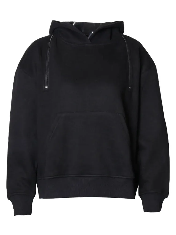 Solid Patchwork Zipper Casual Sweatshirts For Women Hooded Long Sleeve Minimalist Loose Pullover Sweatshirt Female Fashion