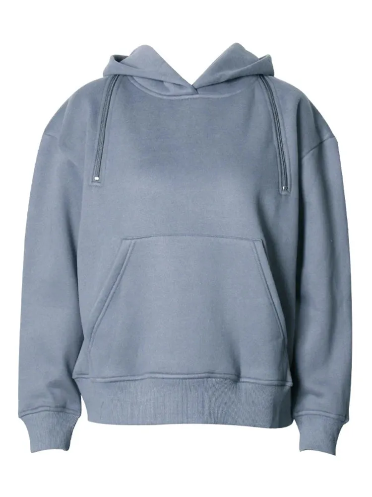 Solid Patchwork Zipper Casual Sweatshirts For Women Hooded Long Sleeve Minimalist Loose Pullover Sweatshirt Female Fashion
