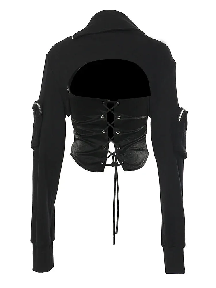 Solid Patchwork Zipper Slimming Sweatshirts For Women Irregular Collar Long Sleeve Hollow Out Sweatshirt Female New