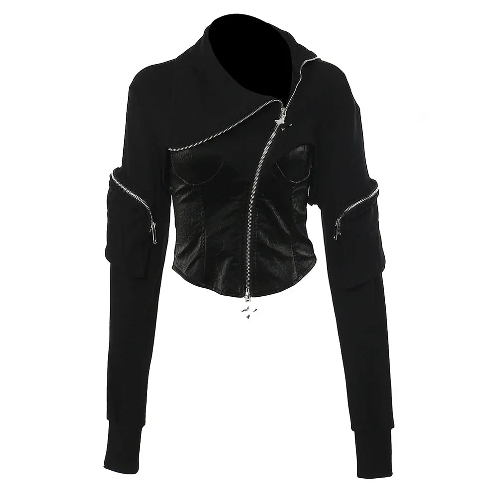 Solid Patchwork Zipper Slimming Sweatshirts For Women Irregular Collar Long Sleeve Hollow Out Sweatshirt Female New