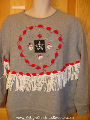 Tacky Cheap Christmas Sweatshirt Fringe and Pom Pom Trim