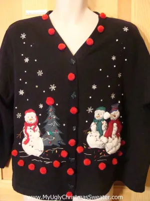 Tacky Cheap Christmas Sweatshirt Snowmen and PomPoms