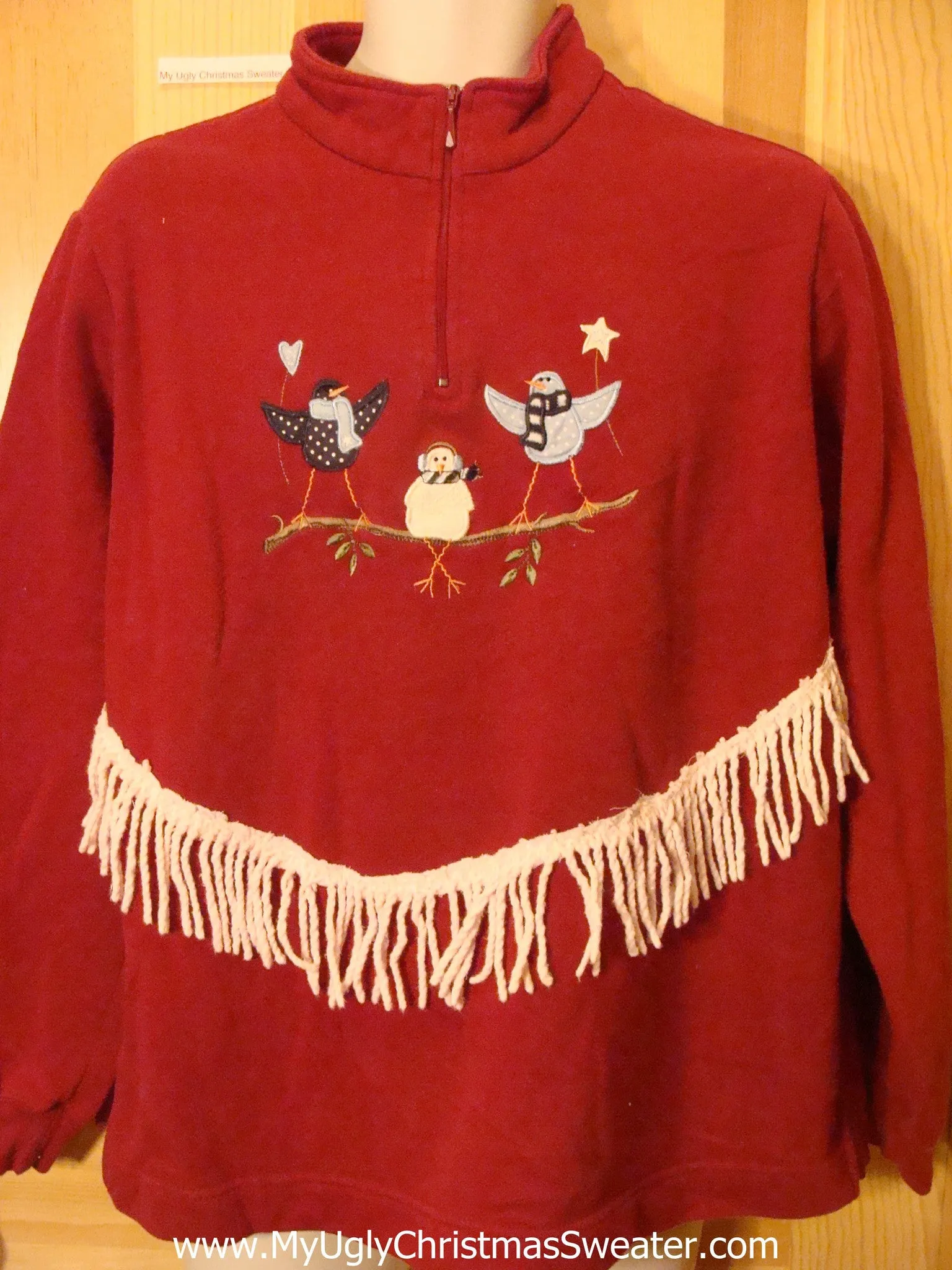 Tacky Cheap Christmas Sweatshirt with Birds and Fringe