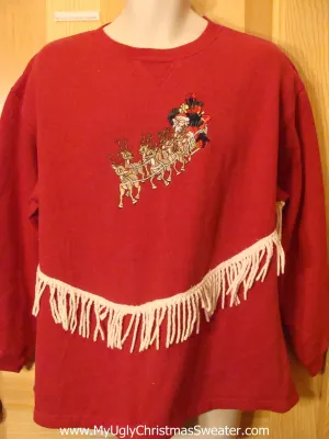 Tacky Christmas Sweatshirt with Santa, Reindeer, and Fringe