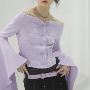 Temperament Sweatshirts For Women Slash Neck Long Sleeve Off Shoulder Spliced Single Breasted Sweatshirt Female