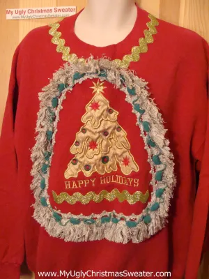 Ugly Christmas Tacky Crafty Red Sweatshirt Two-sided  Fringe (q70)
