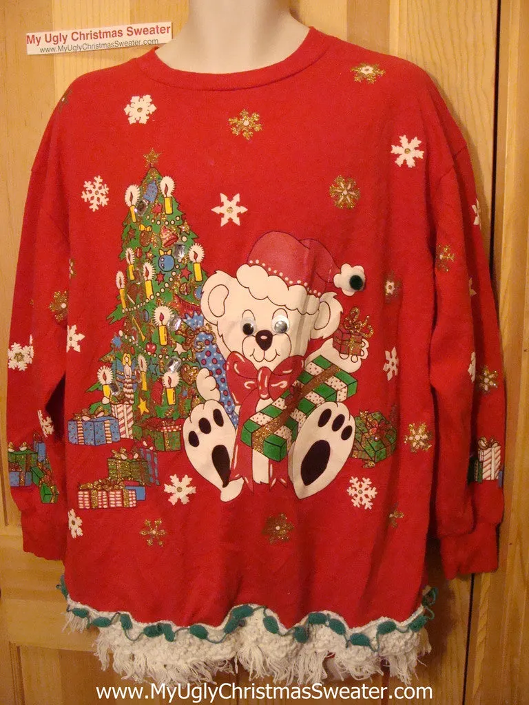 Ugly Christmas Tacky Sweatshirt 80s Google Eyed Bear with Fringe (q81)