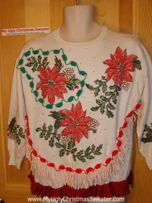 Ugly Christmas Tacky Sweatshirt 80s Poinsettias with Fringe (q7)