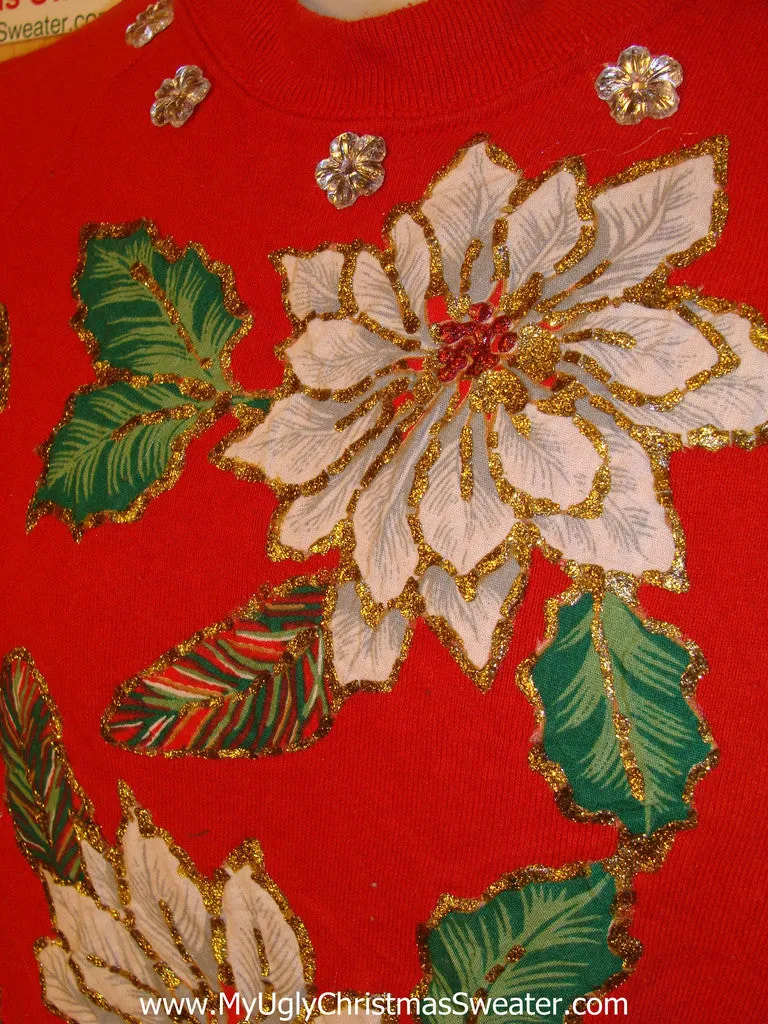 Ugly Christmas Tacky Sweatshirt Homecrafted Poinsettias with Fringe (q9)