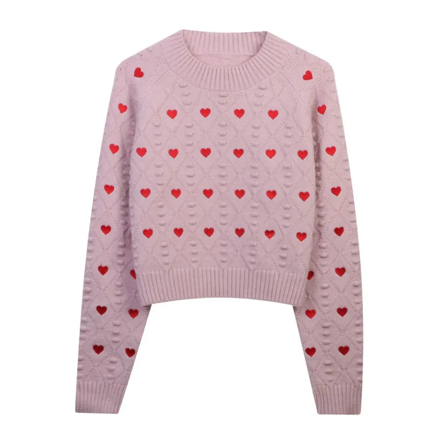 Women Fashion Heart Love Embroidery Knitted Pullover Sweater Vintage Long Sleeves O-Neck Female Chic Lady Tops C-153