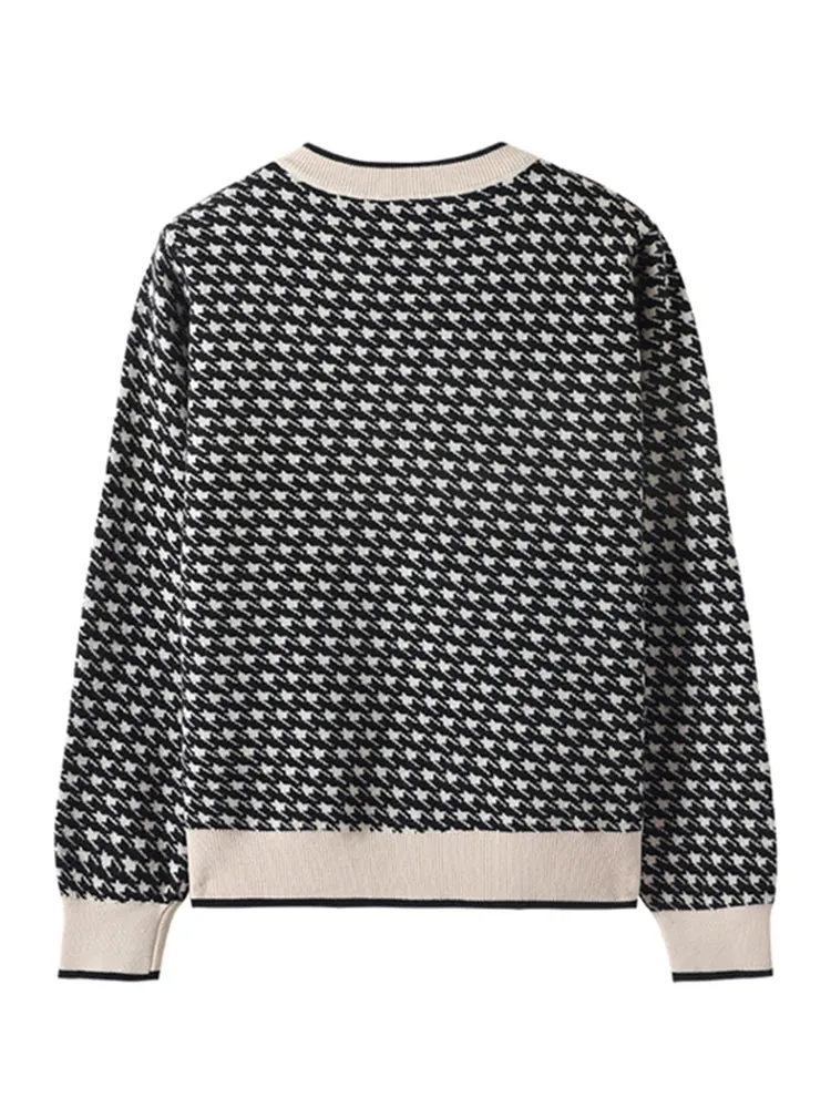 Women Geometric Khaki Knitted Sweater Casual Houndstooth Lady Pullover Sweater Female Autumn Winter Retro Jumper C-134