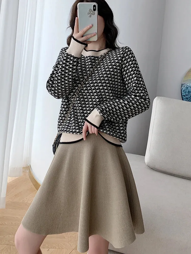 Women Geometric Khaki Knitted Sweater Casual Houndstooth Lady Pullover Sweater Female Autumn Winter Retro Jumper C-134