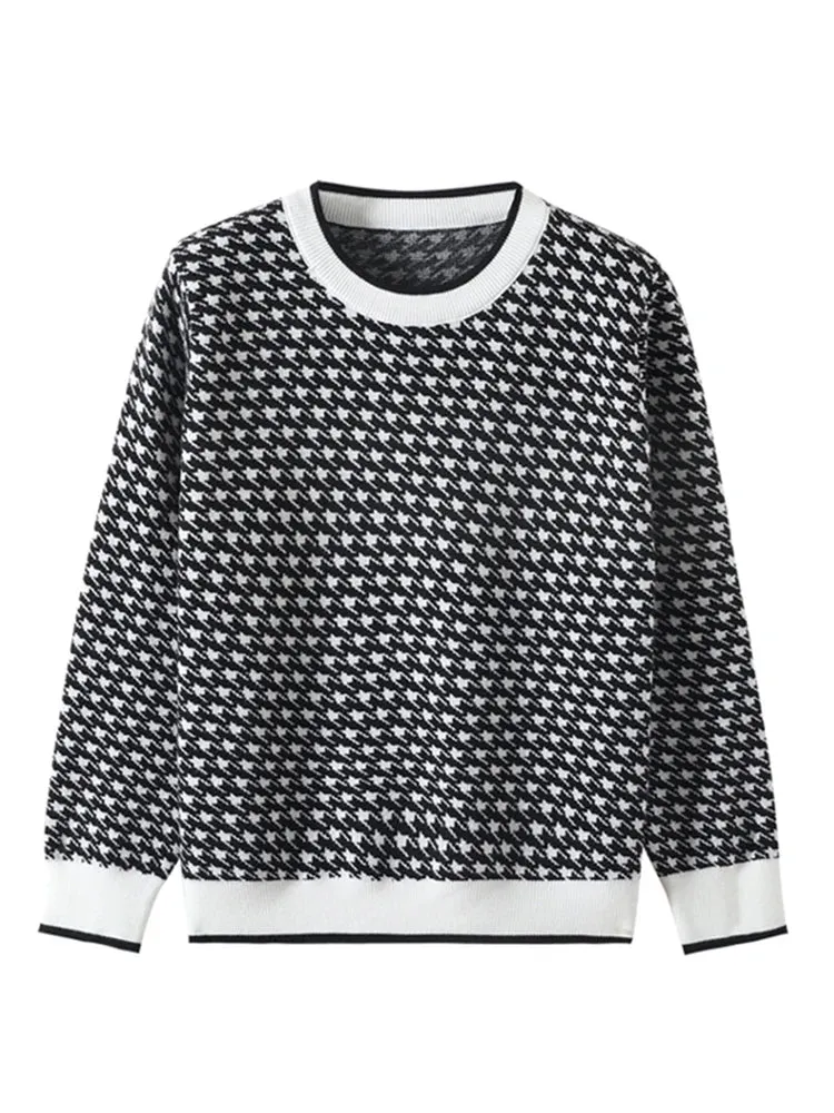 Women Geometric Khaki Knitted Sweater Casual Houndstooth Lady Pullover Sweater Female Autumn Winter Retro Jumper C-134