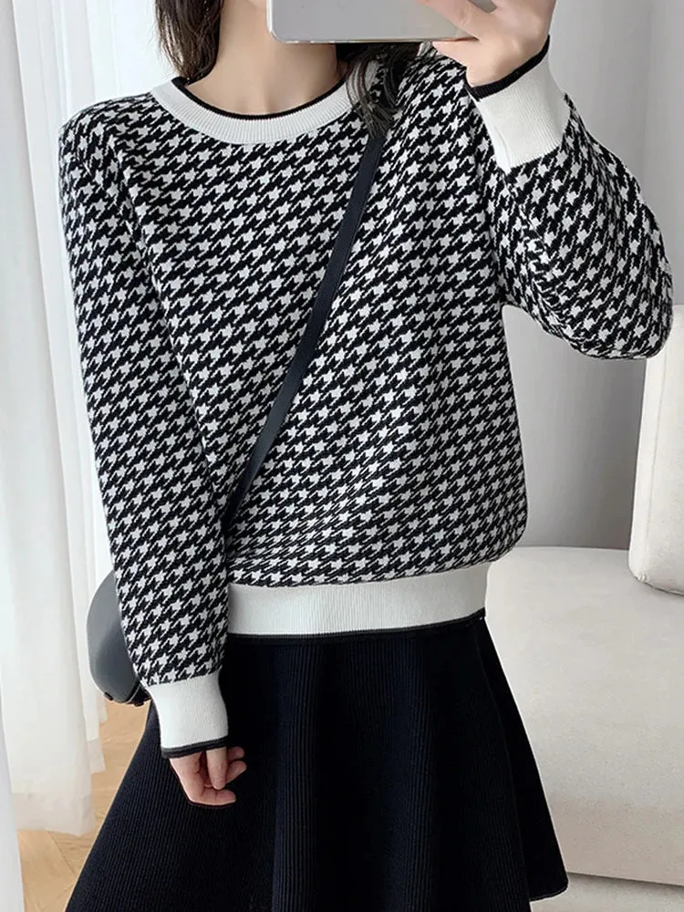 Women Geometric Khaki Knitted Sweater Casual Houndstooth Lady Pullover Sweater Female Autumn Winter Retro Jumper C-134