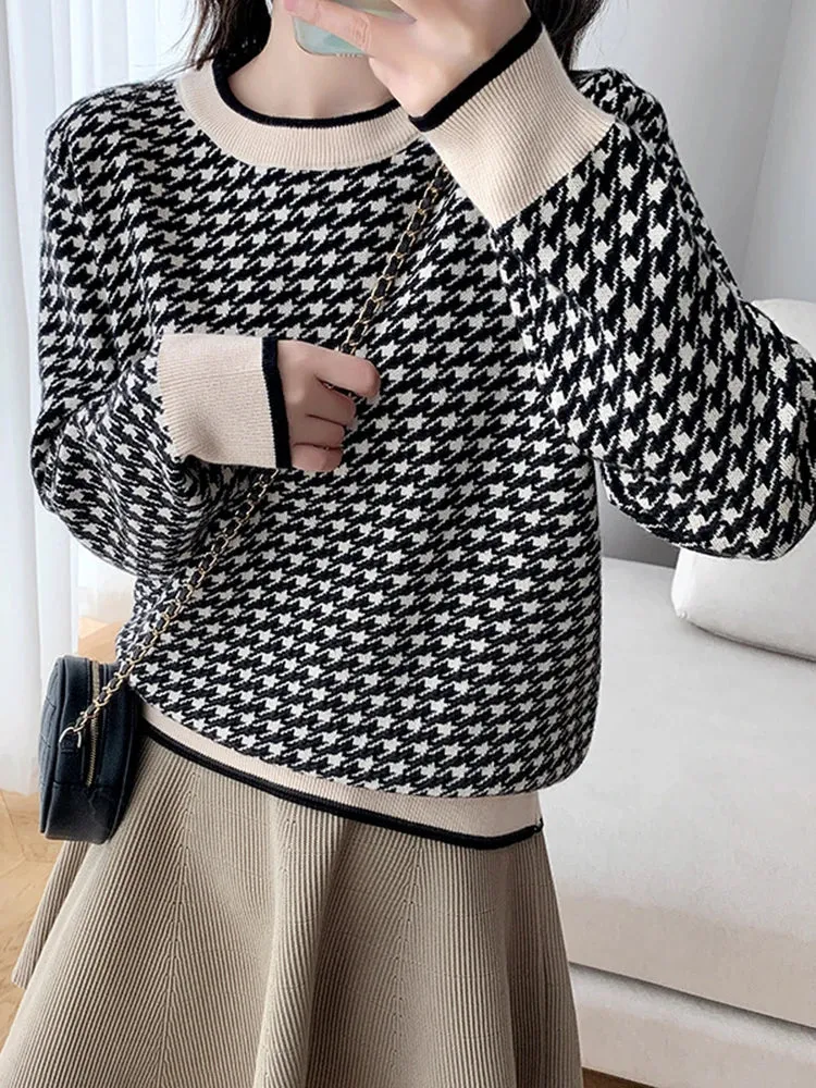 Women Geometric Khaki Knitted Sweater Casual Houndstooth Lady Pullover Sweater Female Autumn Winter Retro Jumper C-134