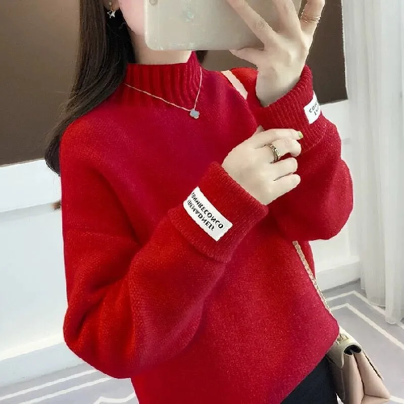 Women Half Turtleneck Sweater Autumn Loose Wool Pullover Knitted Jumper Long Sleeve Letter Top Casual Warm Ladies Blouse