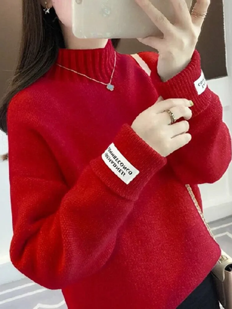 Women Half Turtleneck Sweater Autumn Loose Wool Pullover Knitted Jumper Long Sleeve Letter Top Casual Warm Ladies Blouse