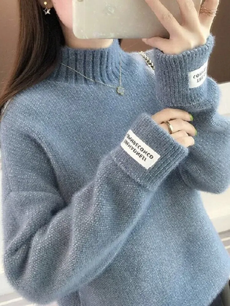 Women Half Turtleneck Sweater Autumn Loose Wool Pullover Knitted Jumper Long Sleeve Letter Top Casual Warm Ladies Blouse