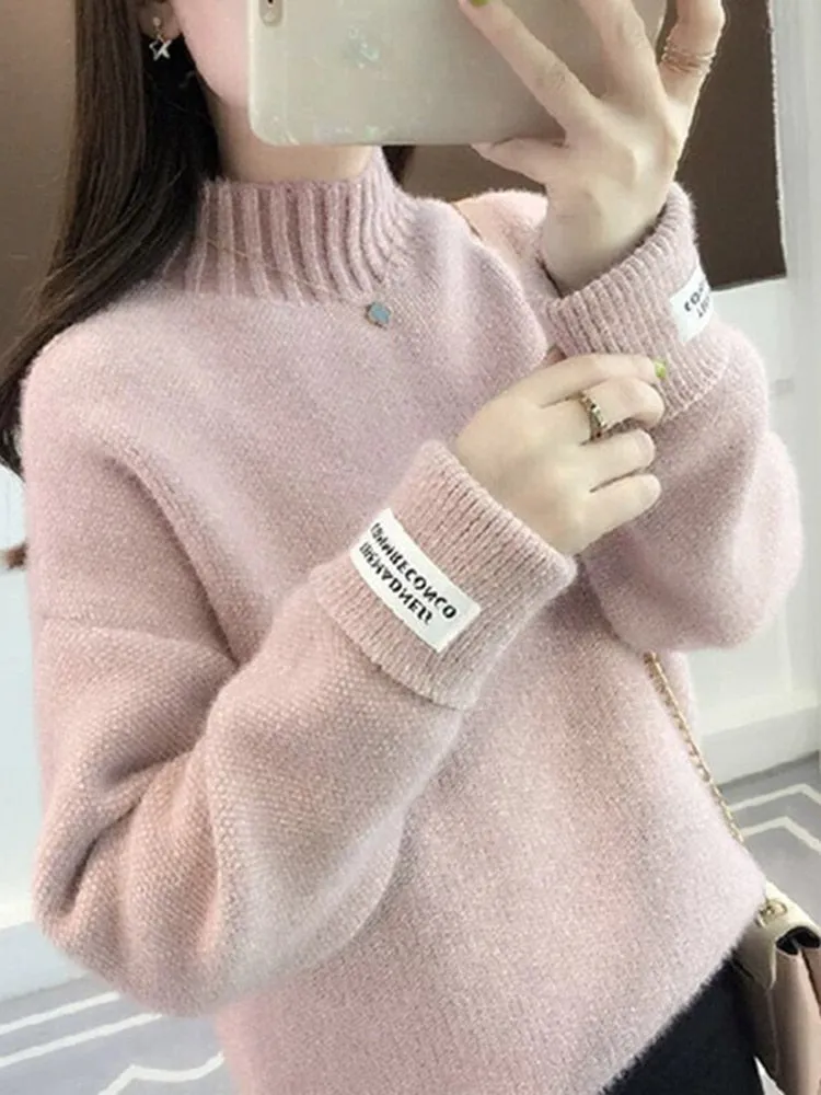 Women Half Turtleneck Sweater Autumn Loose Wool Pullover Knitted Jumper Long Sleeve Letter Top Casual Warm Ladies Blouse