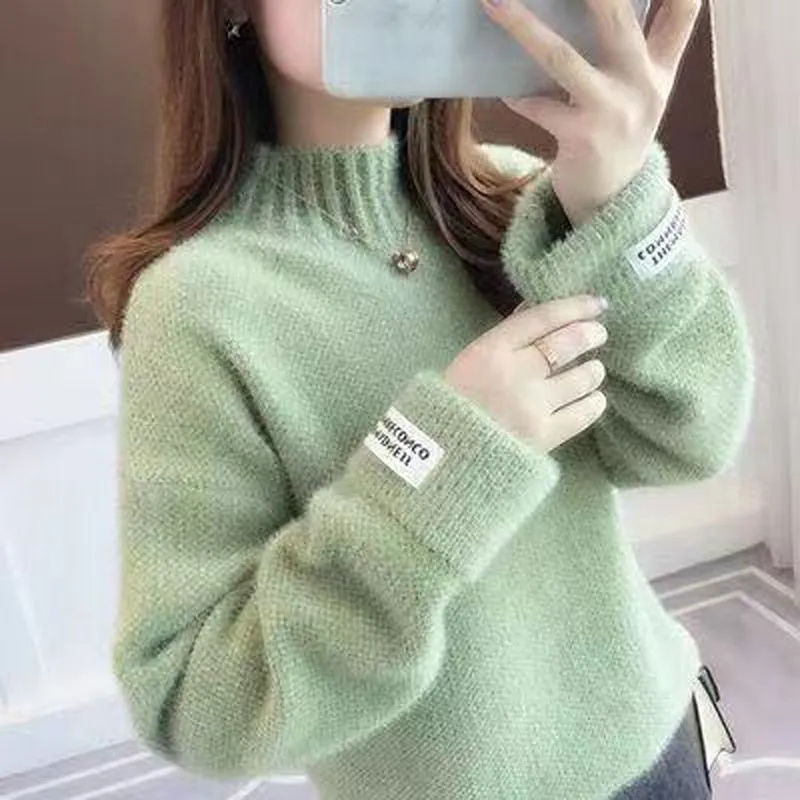 Women Half Turtleneck Sweater Autumn Loose Wool Pullover Knitted Jumper Long Sleeve Letter Top Casual Warm Ladies Blouse