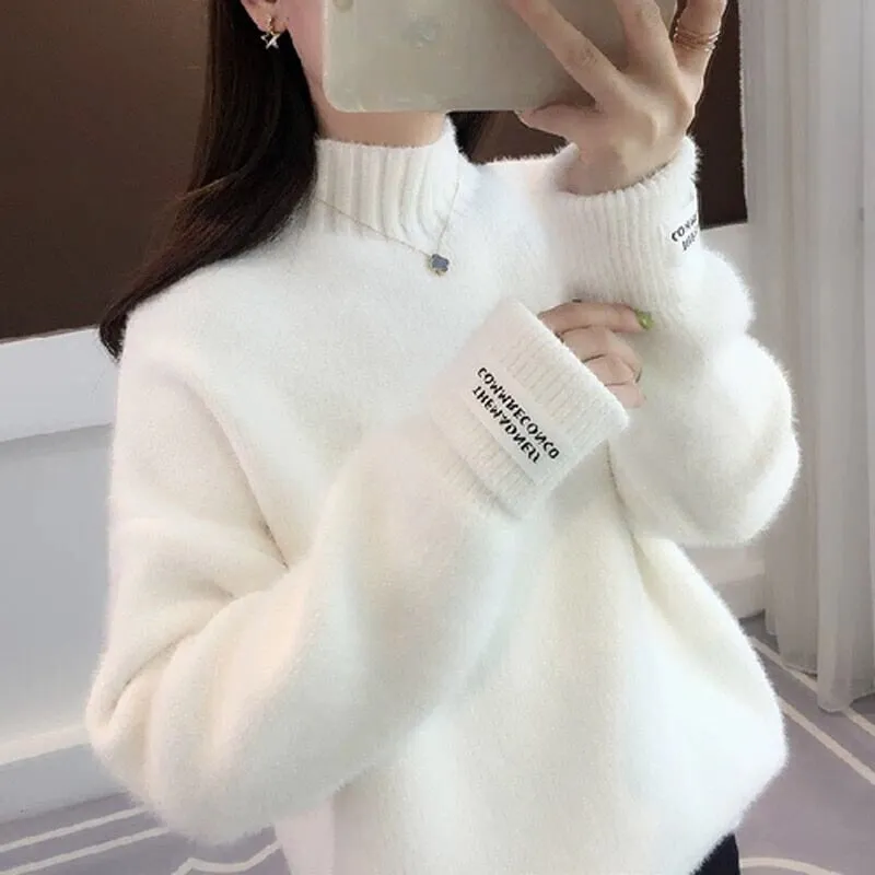 Women Half Turtleneck Sweater Autumn Loose Wool Pullover Knitted Jumper Long Sleeve Letter Top Casual Warm Ladies Blouse