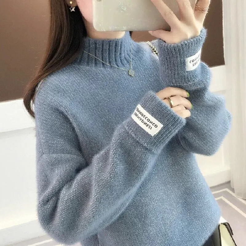 Women Half Turtleneck Sweater Autumn Loose Wool Pullover Knitted Jumper Long Sleeve Letter Top Casual Warm Ladies Blouse