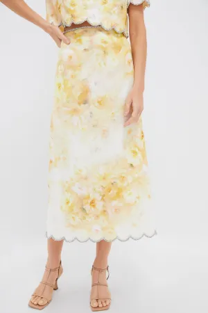 Yellow Floral Crush Scalloped Midi Skirt